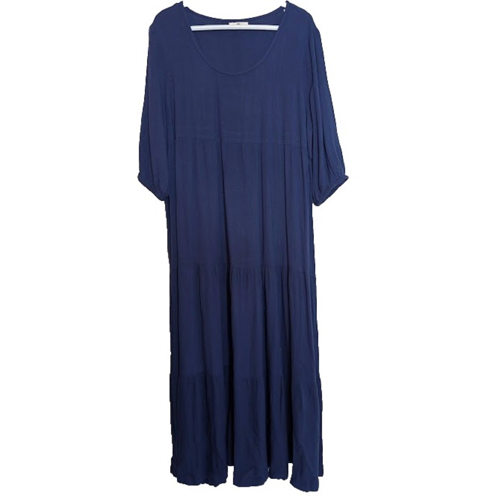 Natural Life Blue Boho Peasant Cottage Womens Large Tiered Maxi Dress 3/4 Sleeve